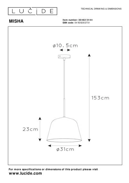 Lucide MISHA - Pendelleuchten - Ø 31 cm - 1xE27 - Ockergelb - TECHNISCH